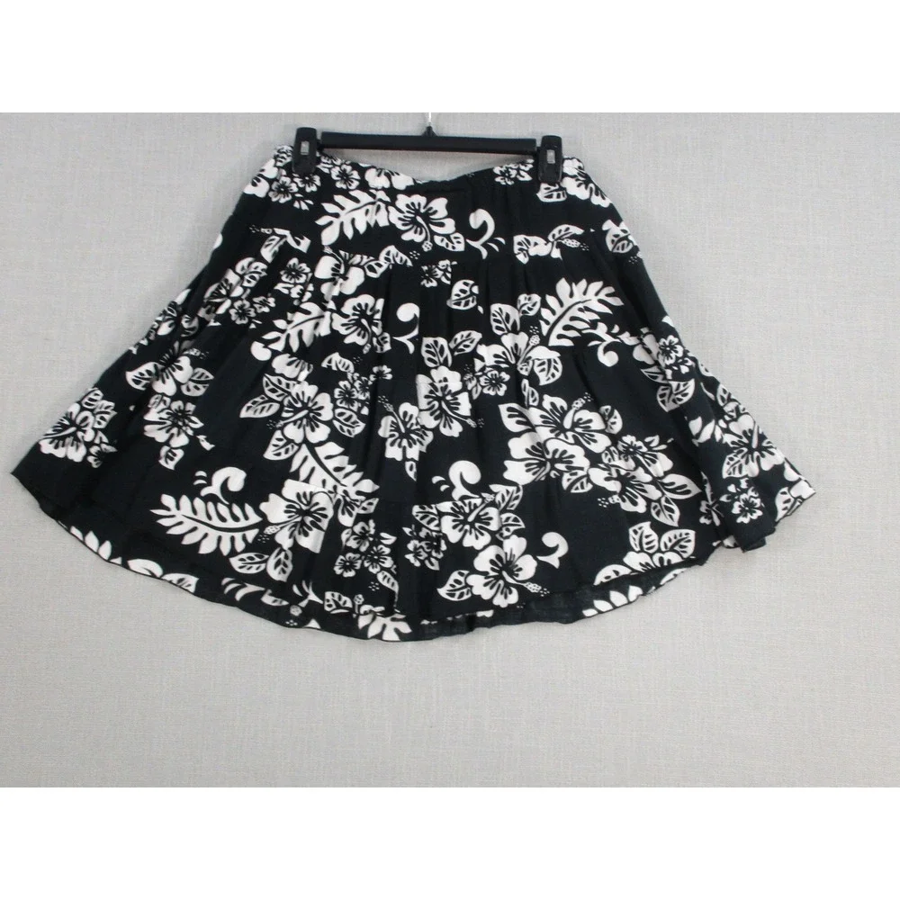 Gina‎ Gear Hawaii Skirt Womens XL Black White Hibiscus Floral Rayon Tiered Mini